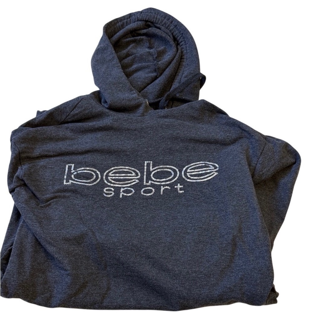 Bebe Sport Women Charcoal Gray sequin Logo Pullover Hoodie Sweatshirt dress S - Picture 1 of 4
